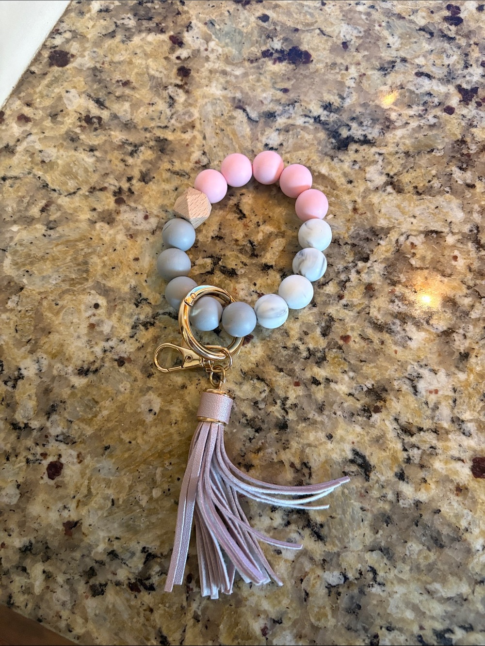 Beaded Tassel Keyring Wristlet - Pink & Gray